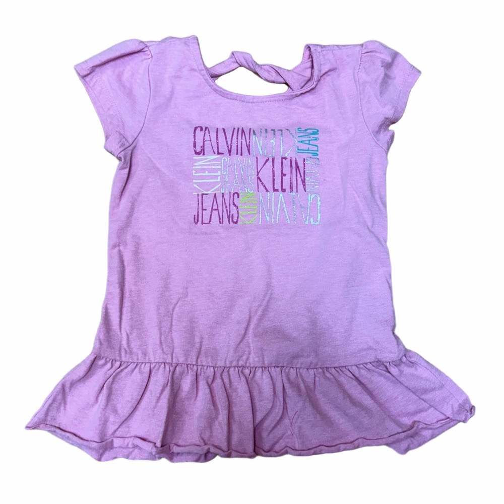 Calvin Klein Jeans Girls 6X Pink Logo Ruffle Hem Short Sleeve Tee